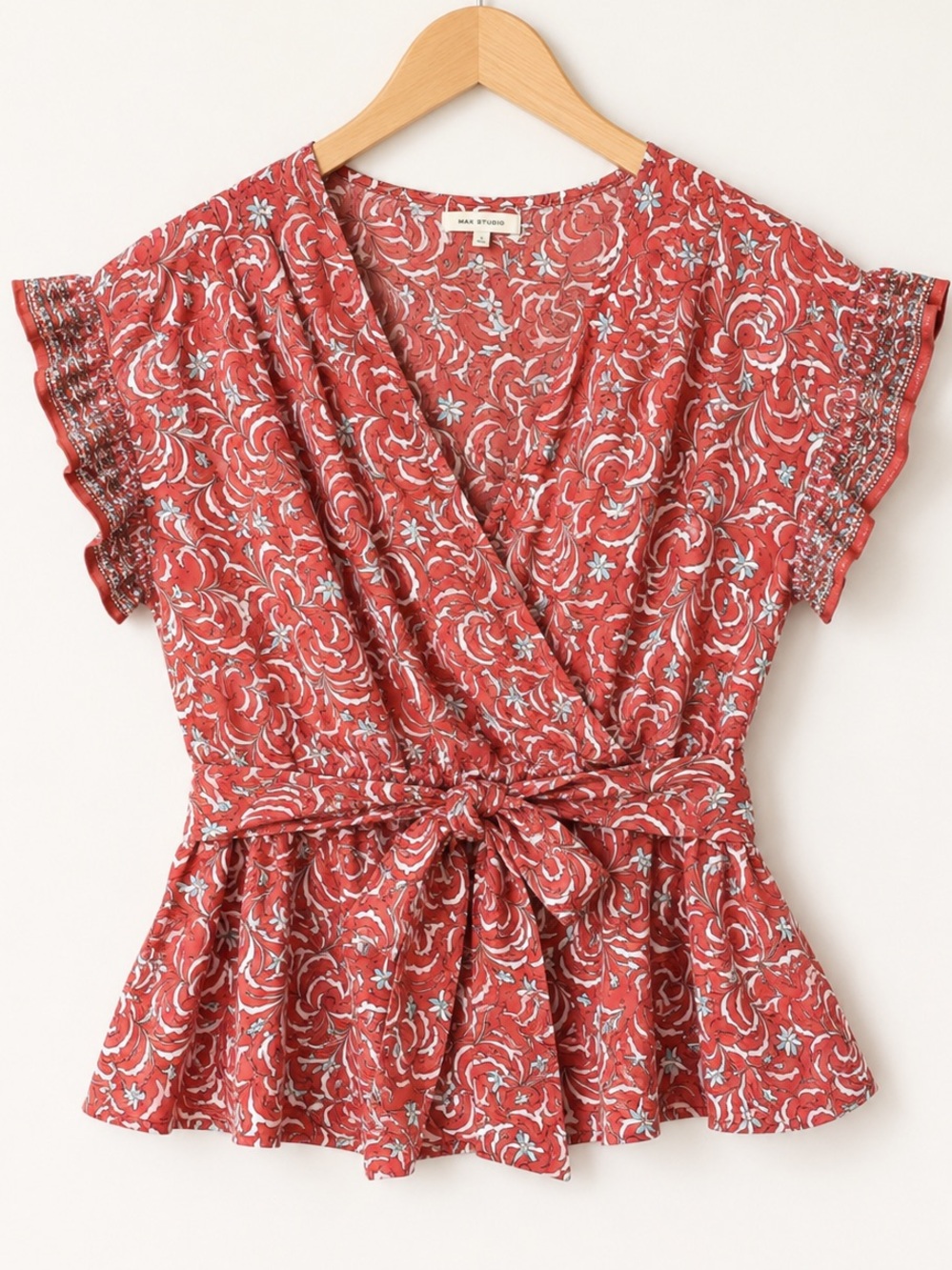 Max Studio Coral Flutter Sleeve Floral V Neck Faux Wrap Blouse Women’s Size L